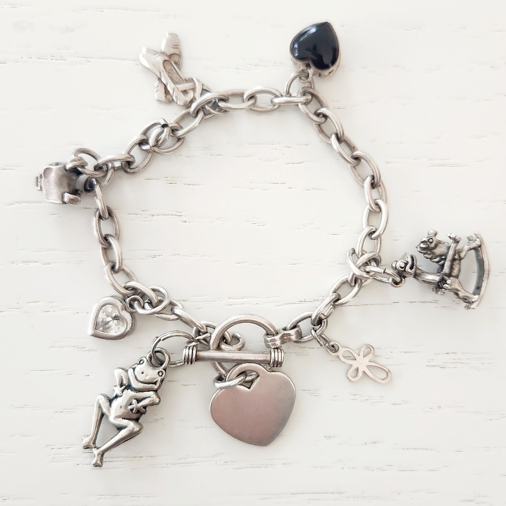 Vintage Sterling Silver Charm Bracelet-heart, frog, ballet, cross,backpack